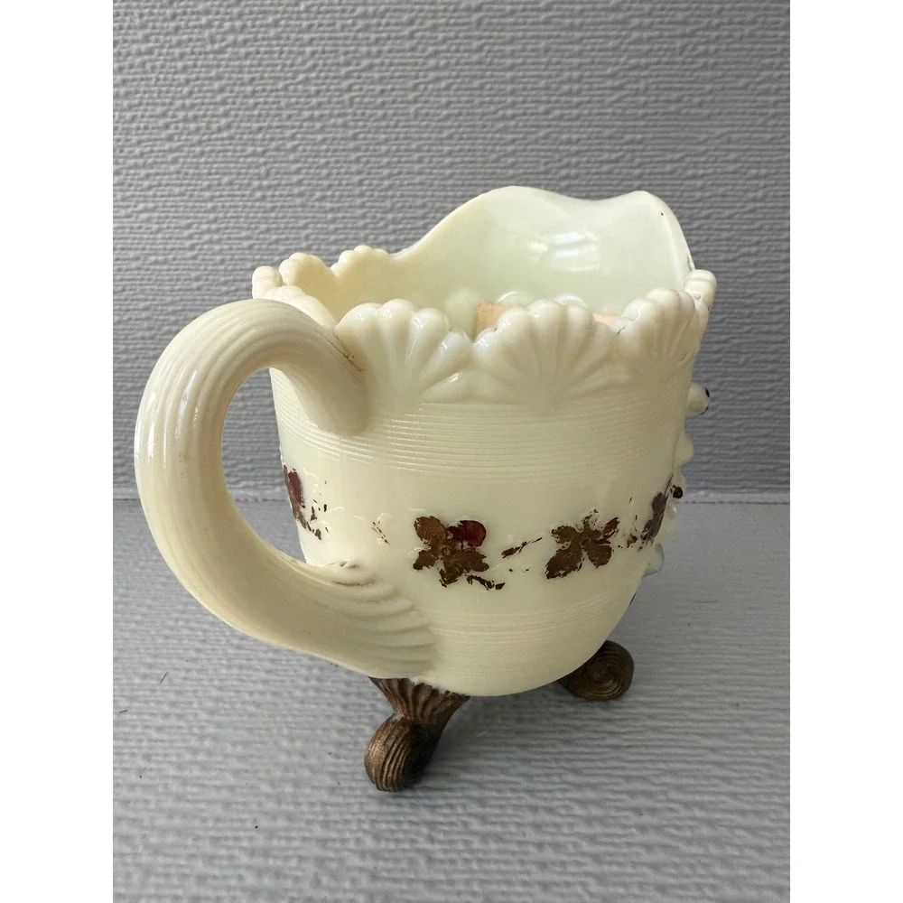 Vintage Custard Uranium Glass Creamer Pitcher Shell Design UV Glow Floral
